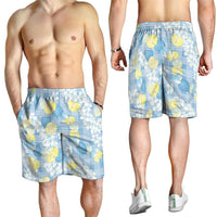 Anthurium Plumeria Lei Pastel Shorts for Men Blue Hawaiian Splendid Palaka LT01 - Polynesian Pride