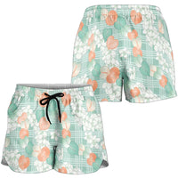Anthurium Plumeria Lei Pastel Shorts for Women Teal Hawaiian Splendid Palaka LT01 - Polynesian Pride