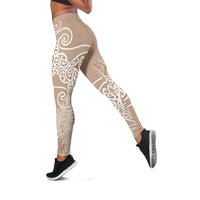 Aotearoa Maori Koru Curves Leggings Silver Ferns - Mocha LT7 Beige - Polynesian Pride