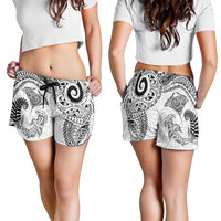 Aotearoa Maori Sea Animals Tribal Shorts for Women Manta Ray and Shark Moko Pattern White Color