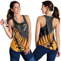 Australia New Zealand Rugby Women Racerback Tank Gold Aboriginal Wallabies and Maori Black Fern - Polynesian Pride
