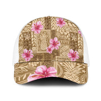 Beige Hawaii Hibiscus With Tropical Flowers Motifs Mesh Trucker Cap - Polynesian Pride