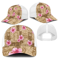 Beige Hawaii Hibiscus With Tropical Flowers Motifs Mesh Trucker Cap - Polynesian Pride