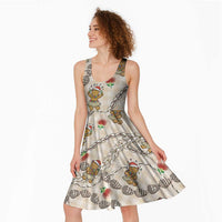 Beige Palaka Hawaii Mele Kalikimaka Midi Dress Ohia Lehua Shell Leis Funny Gingerbread Santa - Polynesian Pride