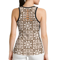 Beige Palaka Quilt Hawaii Hollow Tank Top Hawaiian Tropical Monstera Sea Turtle LT14 - Polynesian Pride