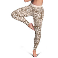 Beige Palaka Quilt Hawaii Leggings Hawaiian Tropical Monstera Sea Turtle