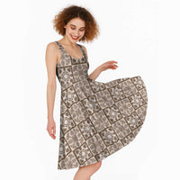 Beige Palaka Quilt Hawaii Midi Dress Hawaiian Tropical Monstera Sea Turtle LT14 - Polynesian Pride