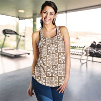 Beige Palaka Quilt Hawaii Women Racerback Tank Hawaiian Tropical Monstera Sea Turtle