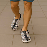 Black and Beige Hawaii Shell Lei Clogs Shoes Hawaiian Sunrise Shell Hebrew Cone Plumeria - Polynesian Pride