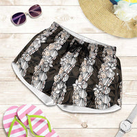 Black and Beige Hawaii Shell Lei Shorts for Women Hawaiian Sunrise Shell Hebrew Cone Plumeria - Polynesian Pride