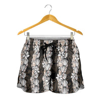 Black and Beige Hawaii Shell Lei Shorts for Women Hawaiian Sunrise Shell Hebrew Cone Plumeria - Polynesian Pride