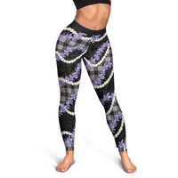 Black Hawaii Palaka Honohono Pikake Leggings Hawaiian Orchid Lei Polynesian Pattern - Polynesian Pride