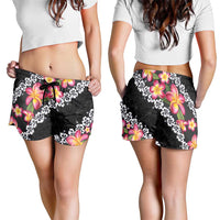 Black Polynesia Shorts for Women Plumeria With Hibiscus Pattern Tropical Vibes LT14 - Polynesian Pride