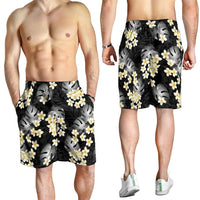 Black Tropical Hawaii Shorts for Men Seamless Monstera Plumeria Hawaiian Pattern - Polynesian Pride