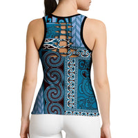 Blue Aotearoa Kowhaiwhai Pattern Hollow Tank Top NZ Maori Quilt Style - Polynesian Pride