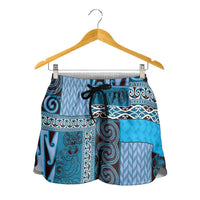 Blue Aotearoa Kowhaiwhai Pattern Shorts for Women NZ Maori Quilt Style - Polynesian Pride