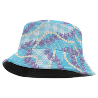 Blue Hawaii Palaka Honohono Pikake Bucket Hat Hawaiian Orchid Lei Polynesian Pattern - Polynesian Pride