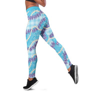 Blue Hawaii Palaka Honohono Pikake Leggings Hawaiian Orchid Lei Polynesian Pattern - Polynesian Pride