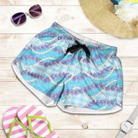 Blue Hawaii Palaka Honohono Pikake Shorts for Women Hawaiian Orchid Lei Polynesian Pattern LT14 Blue - Polynesian Pride