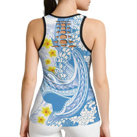 Blue Hawaii Shark Tattoo Hollow Tank Top Puakenikeni Lei Plumeria Polynesian Pattern LT14 - Polynesian Pride