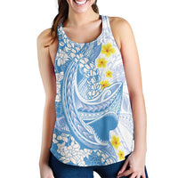 Blue Hawaii Shark Tattoo Women Racerback Tank Puakenikeni Lei Plumeria Polynesian Pattern
