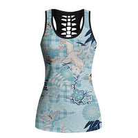 Blue Palaka Crane and Flowers Hollow Tank Top Japan Heritage Spirit LT9 Female Blue - Polynesian Pride