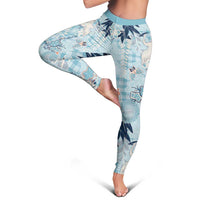 Blue Palaka Crane and Flowers Leggings Japan Heritage Spirit - Polynesian Pride
