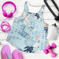 Blue Palaka Crane and Flowers Women Racerback Tank Japan Heritage Spirit - Polynesian Pride
