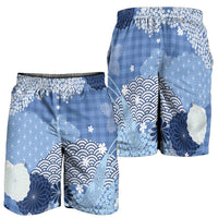 Blue Palaka Japanese Traditional Shorts for Men Asanoha Seigaiha Sakura Motif LT14 - Polynesian Pride