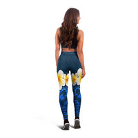 Blue Polynesia Leggings Plumeria Tropical Leaves With Galaxy Polynesian Art - Polynesian Pride