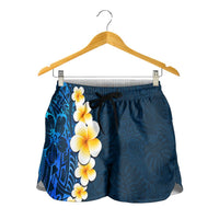 Blue Polynesia Shorts for Women Plumeria Tropical Leaves With Galaxy Polynesian Art LT14 - Polynesian Pride