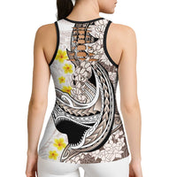 Brown and White Hawaii Shark Tattoo Hollow Tank Top Puakenikeni Lei Plumeria Polynesian Pattern - Polynesian Pride