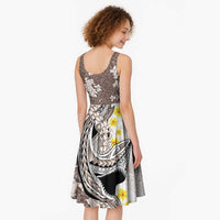 Brown and White Hawaii Shark Tattoo Midi Dress Puakenikeni Lei Plumeria Polynesian Pattern - Polynesian Pride