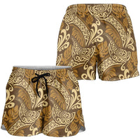 Brown Gold Monstera Shorts for Women Polynesian Tribal Pattern LT01 - Polynesian Pride
