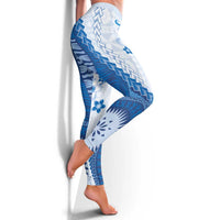 Bula Fiji Leggings Blue Plumeria Masi Tapa Pattern - Polynesian Pride