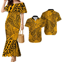 Hawaii Couples Matching Mermaid Dress and Hawaiian Shirt - Gold Polynesian Tribal Art LT14