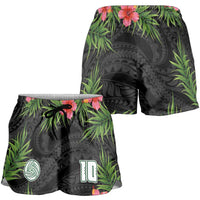 Custom Hawaii Volleyball Shorts for Women Kakau Abstract and Tropical Plants Black Color - Polynesian Pride