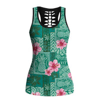 Cyan Hawaii Hibiscus Tropical Flowers Motifs Hollow Tank Top LT14 Female Cyan - Polynesian Pride