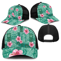 Cyan Hawaii Hibiscus With Tropical Flowers Motifs Mesh Trucker Cap - Polynesian Pride