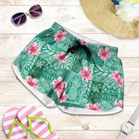 Cyan Hawaii Hibiscus With Tropical Flowers Motifs Shorts for Women LT14 Cyan - Polynesian Pride