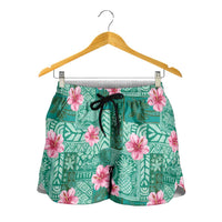 Cyan Hawaii Hibiscus With Tropical Flowers Motifs Shorts for Women LT14 - Polynesian Pride