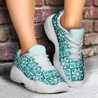 Cyan Palaka Quilt Hawaii Chunky Sneakers Hawaiian Tropical Monstera Sea Turtle LT14 - Polynesian Pride