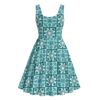 Cyan Palaka Quilt Hawaii Midi Dress Hawaiian Tropical Monstera Sea Turtle LT14 - Polynesian Pride
