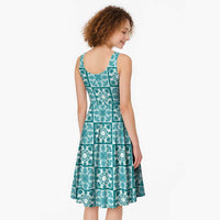 Cyan Palaka Quilt Hawaii Midi Dress Hawaiian Tropical Monstera Sea Turtle LT14 - Polynesian Pride
