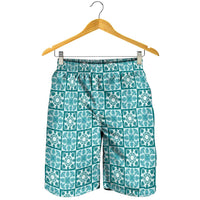 Cyan Palaka Quilt Hawaii Shorts for Men Hawaiian Tropical Monstera Sea Turtle LT14 - Polynesian Pride