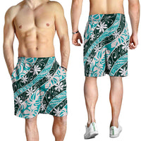 Cyan Tahiti Tiare Monstera Shorts for Men Polynesian Pattern Curve Style LT01 - Polynesian Pride