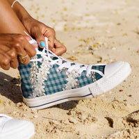 Dark Cyan Hawaii Tiare and Shell Lei High Top Shoes Hawaiian Palaka Luxury Vibes - Polynesian Pride