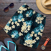 Dark Cyan Tropical Hawaii Shorts for Men Seamless Monstera Plumeria Hawaiian Pattern - Polynesian Pride