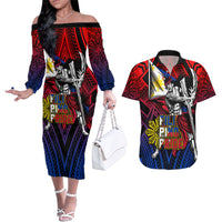 Filipinos Lapu-lapu Hero Couples Matching Off The Shoulder Long Sleeve Dress and Hawaiian Shirt Philippines Flag and Sun DT02 Art - Polynesian Pride