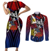 Filipinos Lapu-lapu Hero Couples Matching Short Sleeve Bodycon Dress and Long Sleeve Button Shirt Philippines Flag and Sun DT02 Art - Polynesian Pride